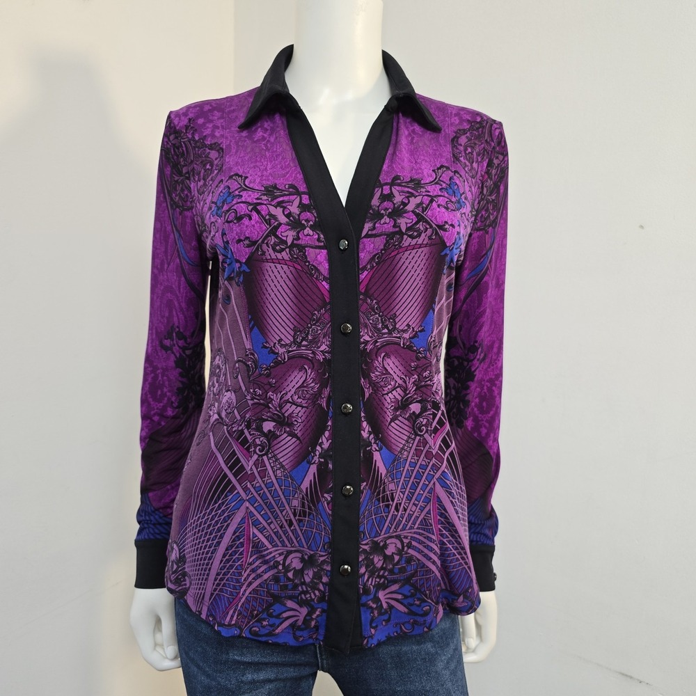 Cache Size M Long Slv Blouse Top Purple Abstract Print Stretch Sexy Stretch Y2K